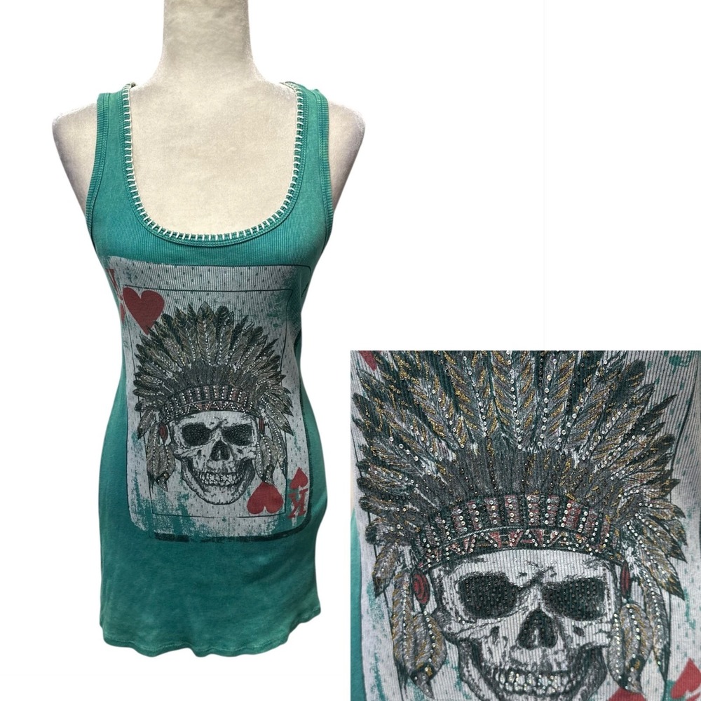 Vocal USA Teal Skull Native American Indian Card Graphic Tank Top Women's Sz XL